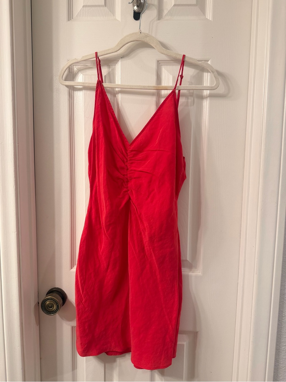 Zara Bright Red Ruched V-Neck Mini Dress